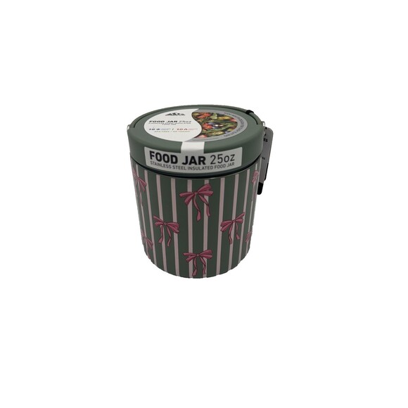 Hydrapeak Insulated Food Jar 25 oz - Green with Pink Stripes and Bows - Picture 1 of 3